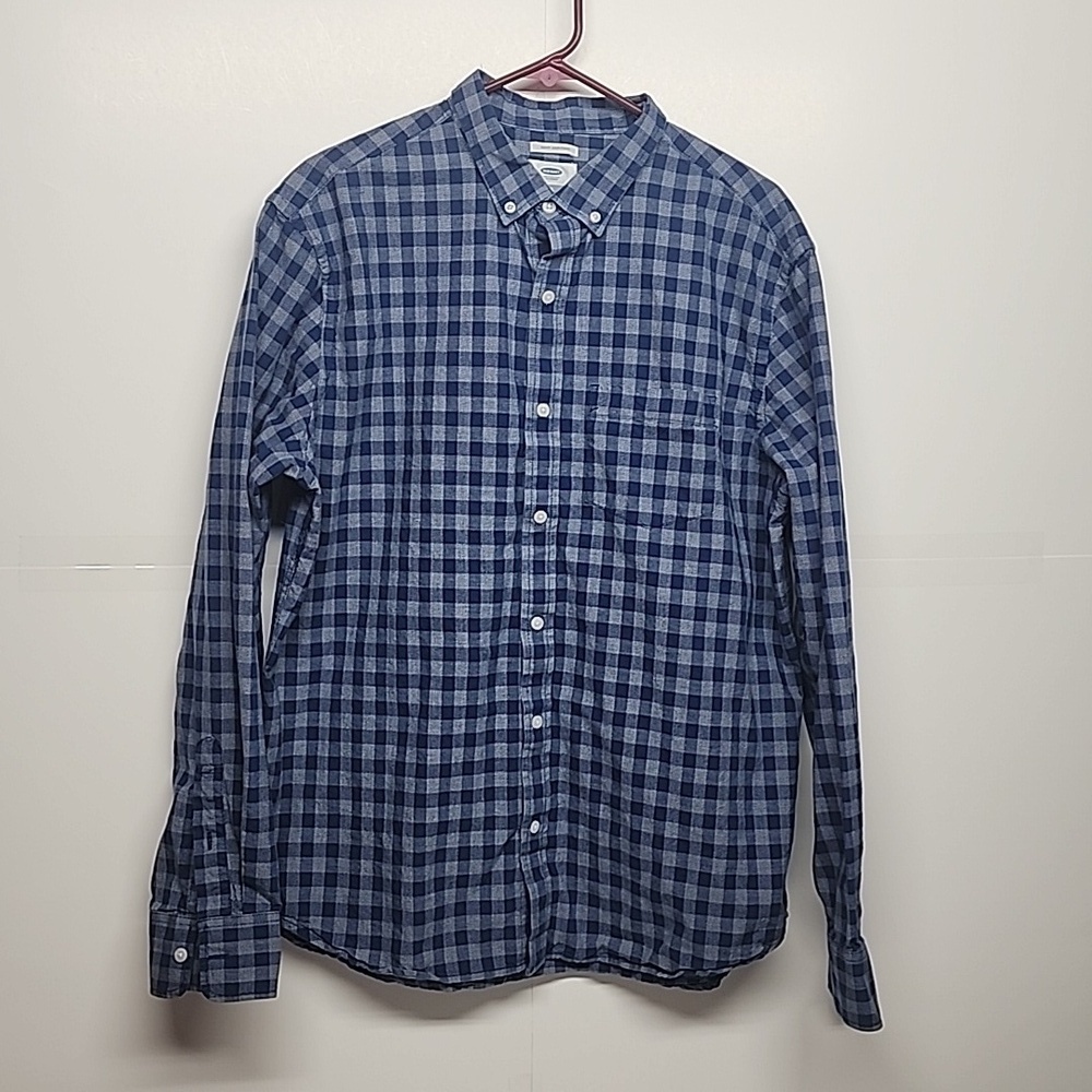 Old Navy slim fit XL blue checkered button down long sleeve 100% cotton shirt